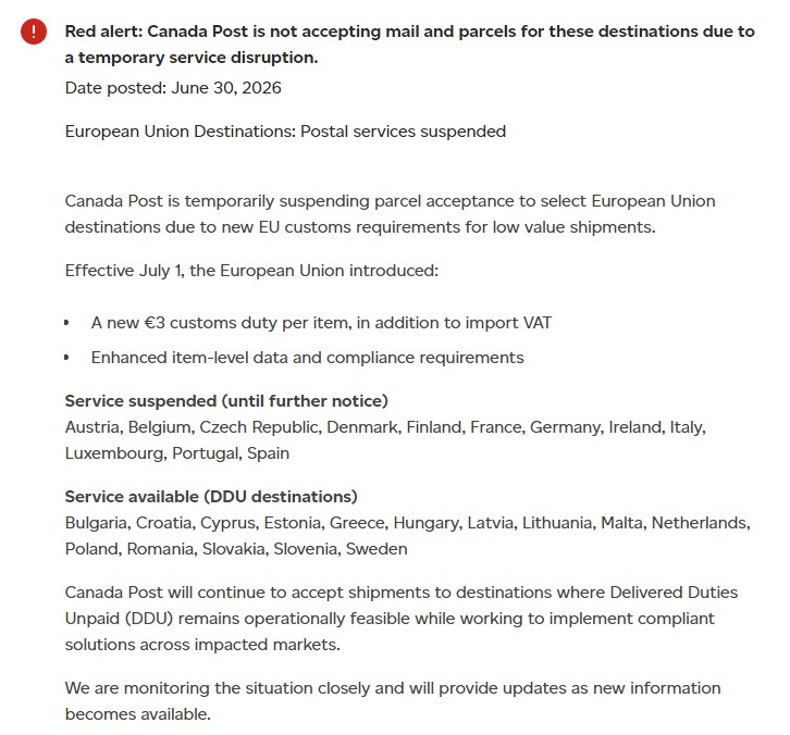 EU suspension notice from Canada Post